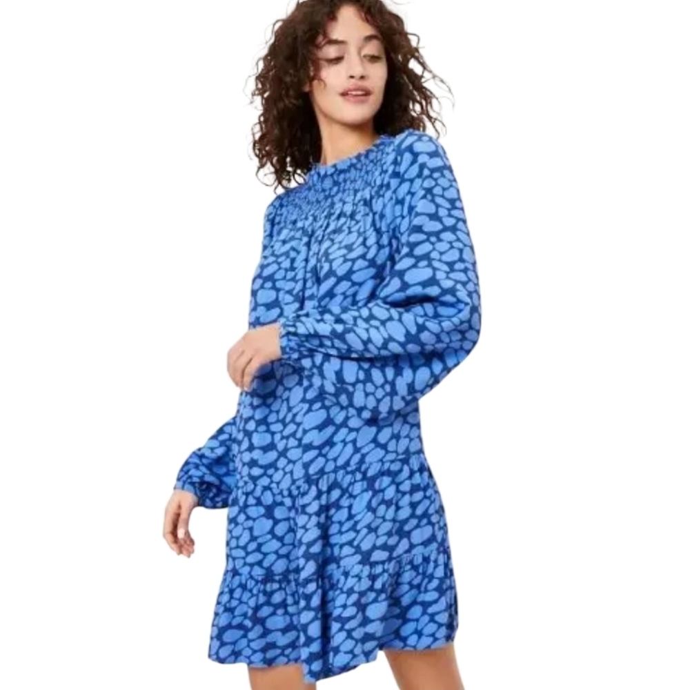 LOFT Blue‎ Smocked Babydoll Dress Size Large Petite
